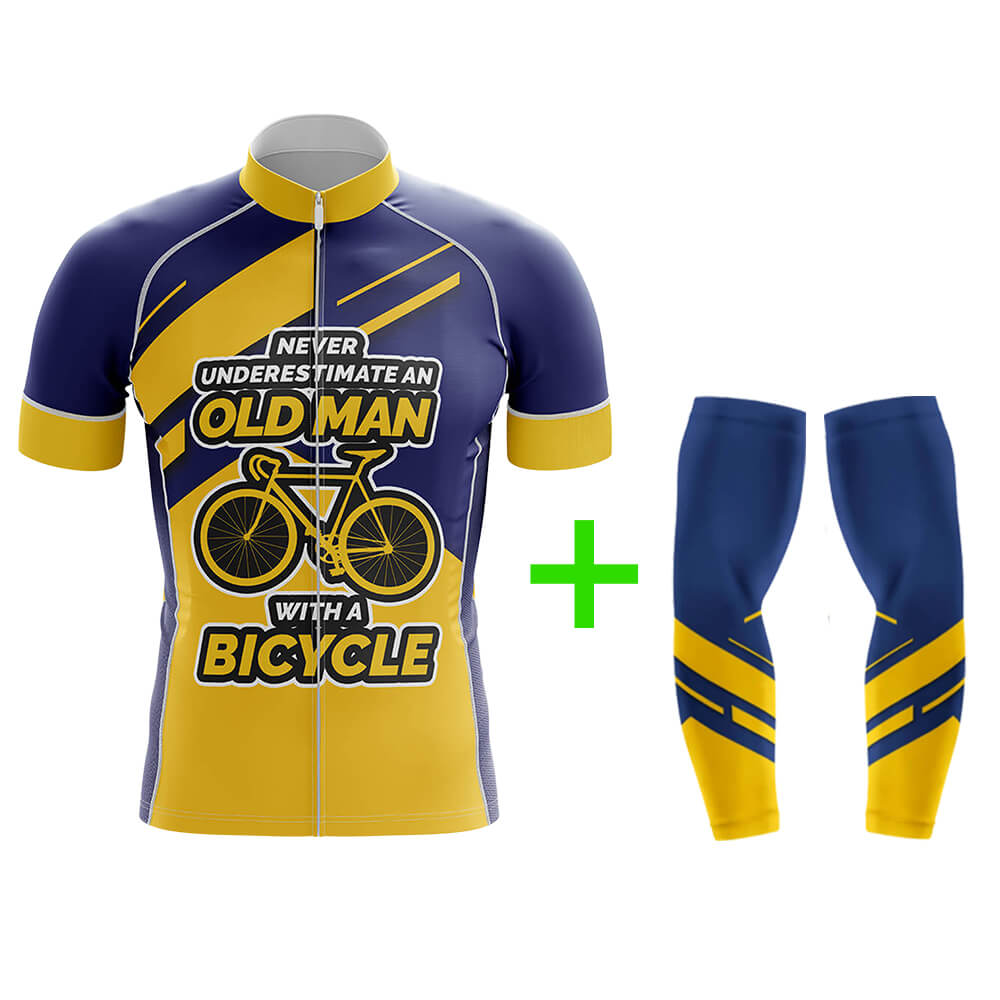 Cool Cycling Jersey With Arm Sleeves Old Man Yellow Navy Mens Bike Jersey