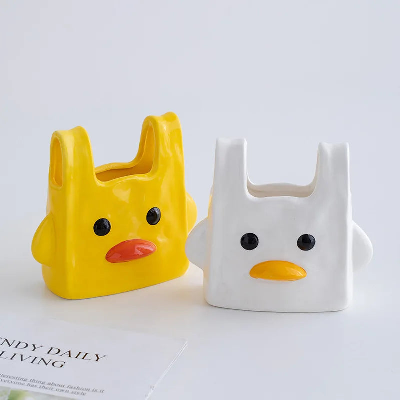 Cute Cartoon Duck Tote Bag Ceramic Vase, Mini Flower Pot for Dry Fresh Floral Kawaii Entryway Tabletop Home Decor Ornament