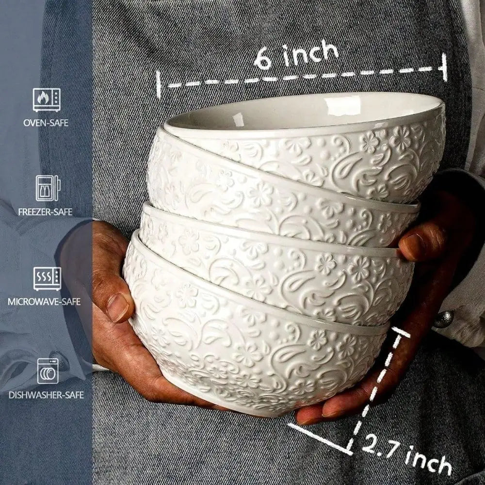 Ceramic Serving Bowls 26 Oz Embossed Soup Bowls Set Of 4 White Salad Bowl For Use Suitable For Dinner Breakfast Oatmeal