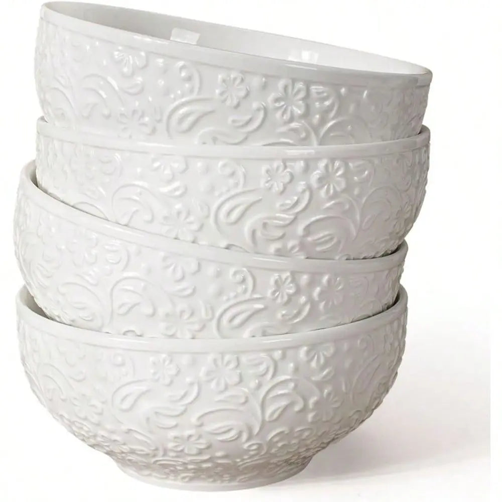 Ceramic Serving Bowls 26 Oz Embossed Soup Bowls Set Of 4 White Salad Bowl For Use Suitable For Dinner Breakfast Oatmeal