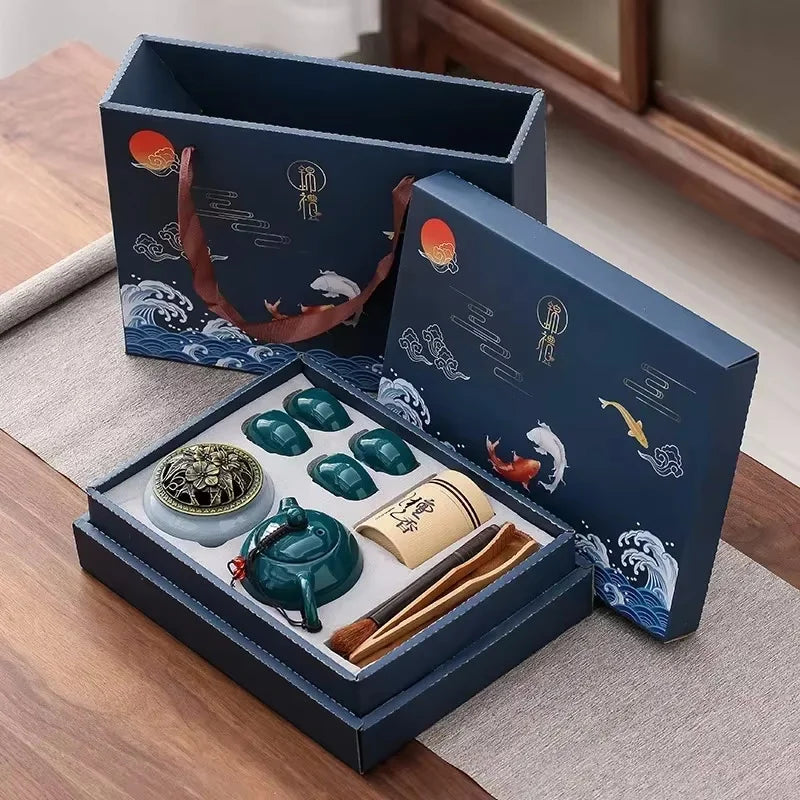 Kungfu Tea Set Incense Burner Gift Box Ceremony One Pot Four Cups Can Sandalwood Stove Chinese Ceramic Portable in Car Cup Bar